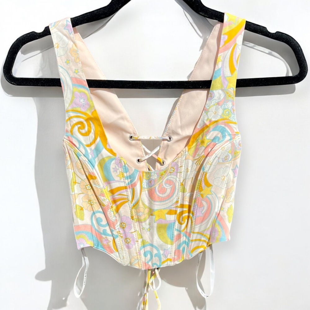 For Love & Lemons Nomi Top in Yellow Multi Corset Bustier Crop Size Small NWOT - Picture 7 of 7